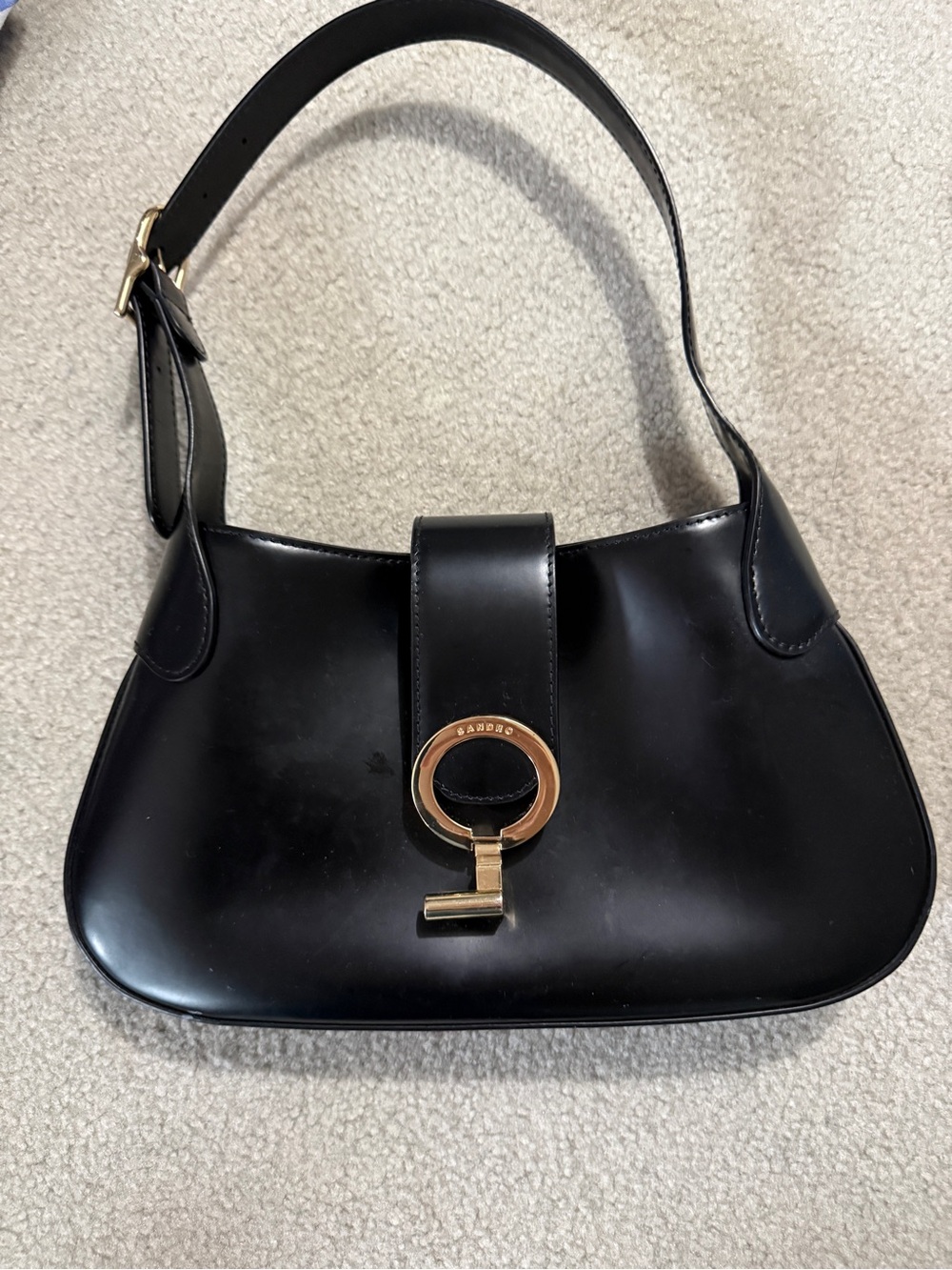 Sandro Black Leather Shoulder Bag with Gold Ring Clasp